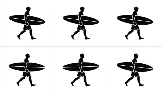 A silhouette of a man walking with a surfboard on transparent background