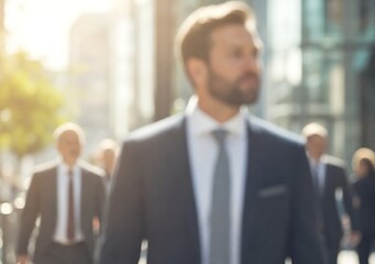 Fototapeta premium Confident bearded businessman in dark suit walking through urban business district with blurred city background and colleagues in motion representing corporate ambition