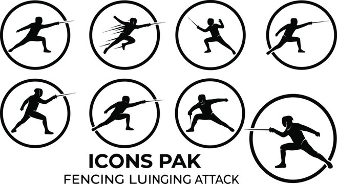 A set of black silhouette icons depicting fencing athletes in various lunge positions on transparent background