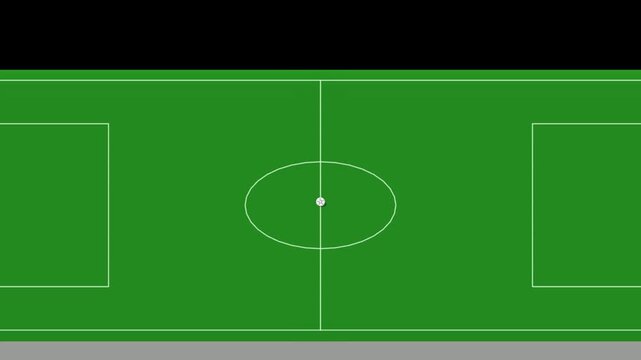 Animated aerial view of a football field zooming into the center circle and kickoff point