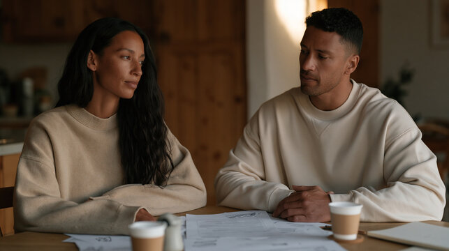 Two co-founders reviewing a term sheet from a potential acquirer across kitchen table rather than boardroom, casual clothes suggesting weekend urgency, espresso cups and marked-up