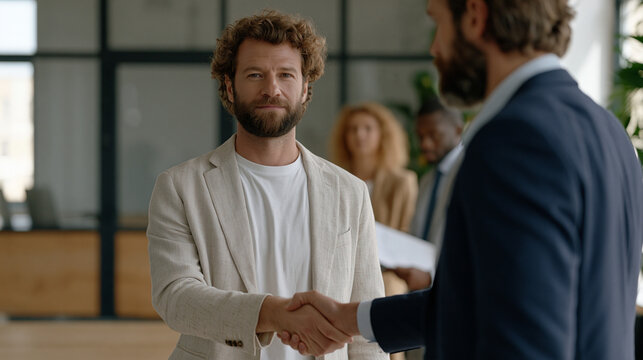 Startup founder declining handshake with potential investor after difficult negotiation, polite but firm body language, assistant behind investor gathering presentation materials,