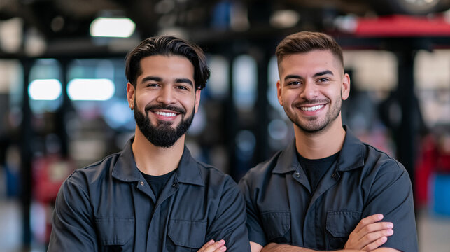  Portrait professionnel de deux m&eacute;caniciens automobiles souriants en uniforme gris, debout dans un atelier de r&eacute;paration ou un concessionnaire. Concept de travail d'&eacute;quipe, de service client de confia