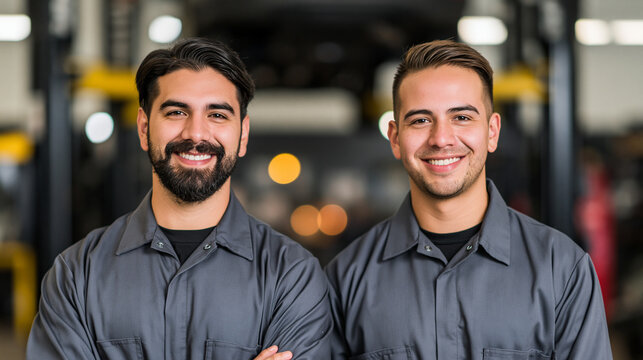  Retrato de dos j&oacute;venes mec&aacute;nicos hispanos sonrientes y confiados con uniformes de trabajo cruzados de brazos en un taller automotriz. Concepto de servicio al cliente, trabajo en equipo y peque&ntilde;o nego