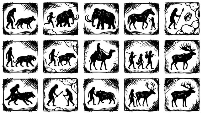 Prehistoric Cave Art Set: Early Humans, Animals & Stone Age Life