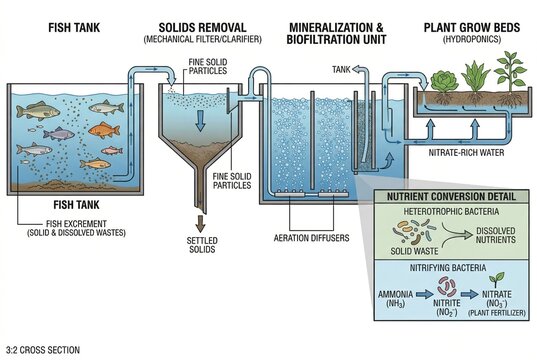 Technical diagram of an aquaponics system filtering fish tank waste