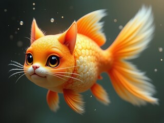 Fototapeta premium Fantasy creature combining cat face with goldfish body swimming underwater.