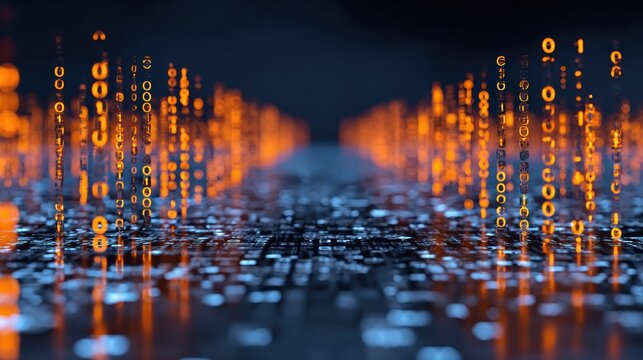 Digital information streams flow in a dark technological environment with glowing numbers