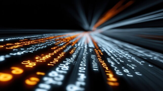 Digital information streams flow rapidly into a dark vanishing point at high speed