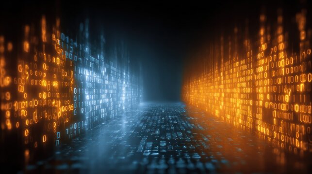 Digital information flows illuminate a dark tunnel with contrasting warm and cool light
