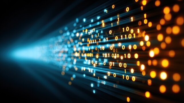 Digital information streams flow rapidly across a dark background with contrasting blue and orange light