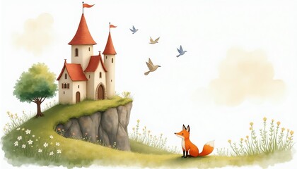 Fototapeta premium Fox sits on grassy hill near fairytale castle. Birds fly in blue sky above cartoon landscape. Sunny day in fantasy world, whimsical nature scene.