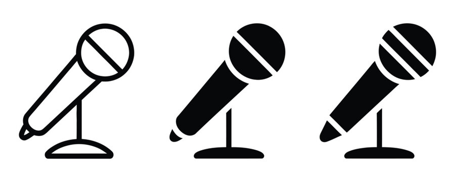 Microphone icon set with mic on stand for podcast or interview
