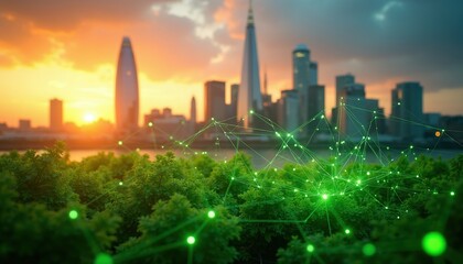 Obraz premium London skyline at sunset with green tech overlay on rich foliage foreground. Cityscape blends nature and innovation for bright future. Sustainable urban development with digital network.