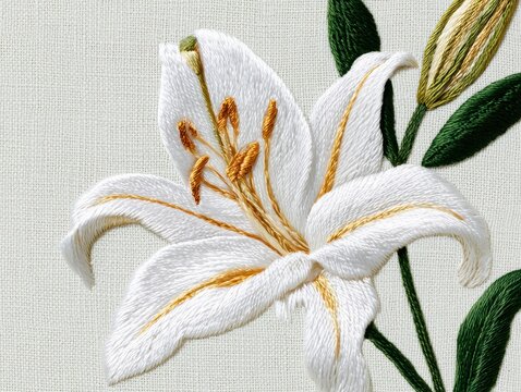 Elegant Hand-Embroidered White Flower with Green Leaves on Fabric