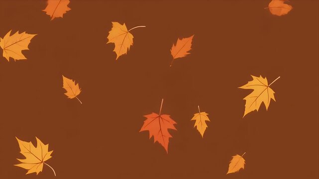 Falling maple leaves animation featuring vibrant orange foliage floating across a solid brown background video clip