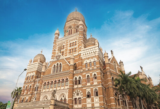 Mumbai Maharashtra India Jan 18 2026 The grand Victorian Gothic facade of the Brihanmumbai Municipal Corporation building featuring a tall central dome and intricate stone masonry.