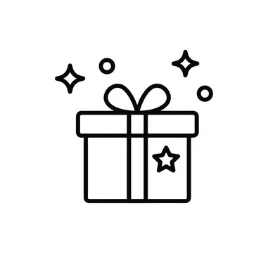 Gift Box Icon with Sparkles: A simple line art icon depicting a gift box with a ribbon and bow, surrounded by stars and sparkles, representing a special present or surprise.