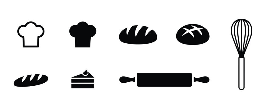 Baking Essentials Icon Set: A collection of black silhouette icons representing a chef's hat, bread, cake, rolling pin, and whisk, symbolizing the art of baking.