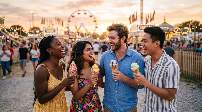Diverse friends laughing and eating ice cream cones at county fair