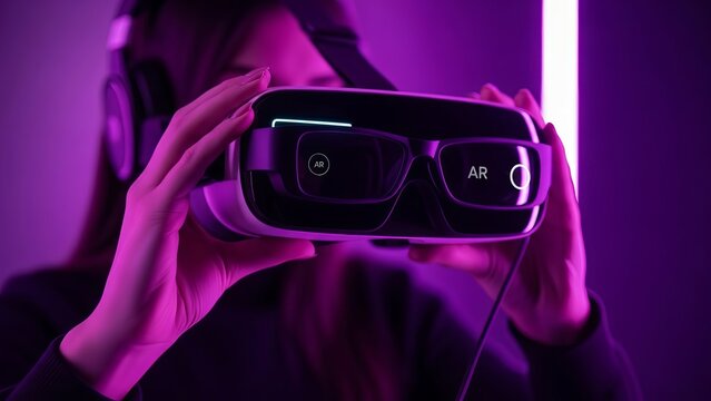 Woman wearing headphones and holding AR glasses in a futuristic, neon-lit room.