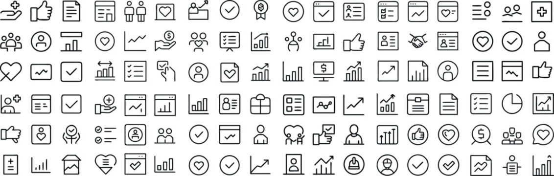 A collection of minimalist line icons represents various business and data-related concepts, including charts, graphs, user profiles, and successful outcomes.