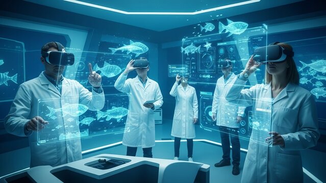 Scientists wearing VR headsets analyze holographic fish data in a futuristic lab