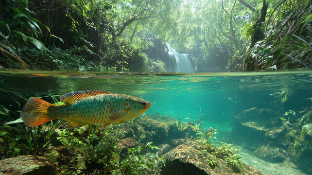 A vibrant, sunlit, split level underwater and above water shot of a freshwater environment with a single fish swimming in the midground. Ai generated