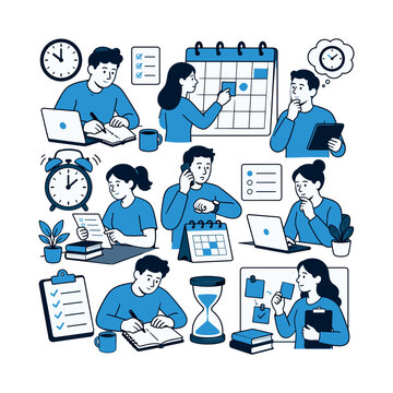 Universal Scene Set time management scheduling collection of scenes with characters planning tasks, checking time, organizing schedules with contextual objects, varied scale and expressive poses,