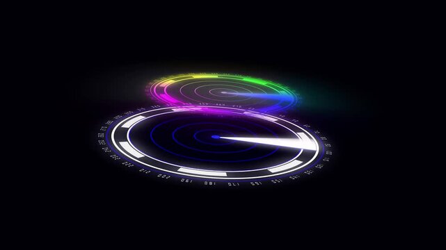 Neon futuristic radar animation. Rotating scan circles glowing technology interface hud sci fi digital display abstract background loop seamless motion graphics broadcast design element 4 k ultra.