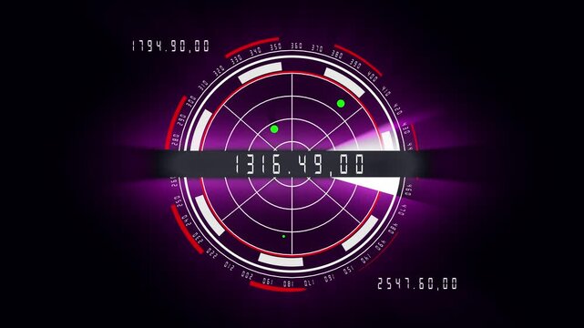 Radar interface futuristic animation. Digital display technology hud sci fi looping background abstract purple red white glowing numbers scan detection tracking system monitoring control panel.