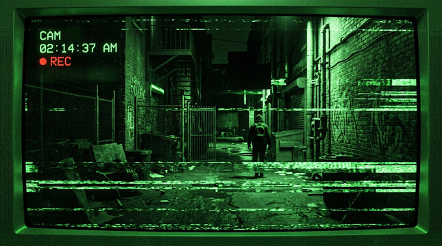 Green night-vision security camera footage showing a hooded figure walking down a dark, narrow alleyway with prominent tracking line distortion.