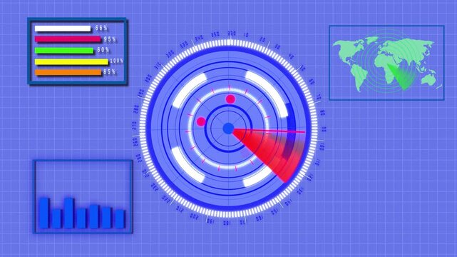 Futuristic radar interface animation global tracking system data visualization digital technology h u d sci fi graphics motion background animated charts graphs world map blinking lights neon.