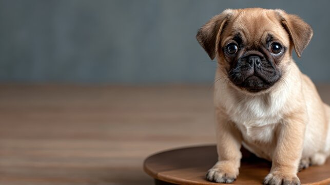 This charming pug puppy sits adorably on a round table, capturing hearts with its expressive face and playful demeanor, embodying the joy pets bring to our lives.