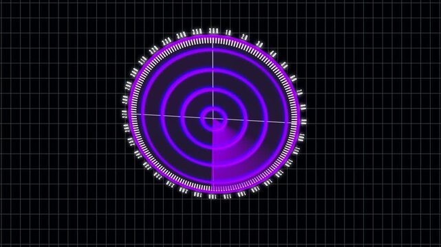Purple neon radar scan animation. Rotating technology interface h u d futuristic sci fi background loop seamless motion graphics digital display screen overlay broadcast design element 4k ultra hd.