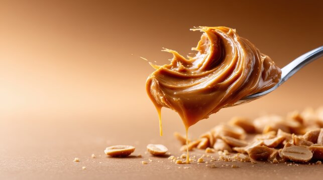 A close-up of a spoon overflowing with creamy peanut butter, with scattered peanuts in the background, showcasing the delectable and indulgent qualities of this favorite spread.