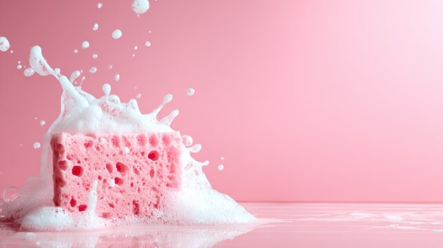 A vibrant pink sponge creates a lively splash of bubbles against a soft pink background, evoking a playful and cheerful atmosphere.
