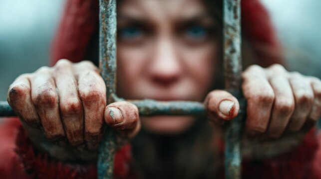 A girl in a red hood grips rusty bars tightly, her expression conveying deep emotions of despair and longing, creating a haunting yet powerful image.