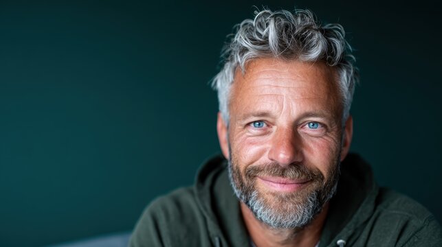 A cheerful middle-aged man with gray hair and a beard smiling warmly at the camera, reflecting happiness, confidence, and the wisdom of life experiences in an intimate portrait.