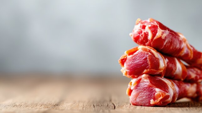 Fresh raw meat cuts are displayed on a rustic wooden surface, emphasizing the rich textures and colors that highlight the quality and appeal of culinary ingredients.