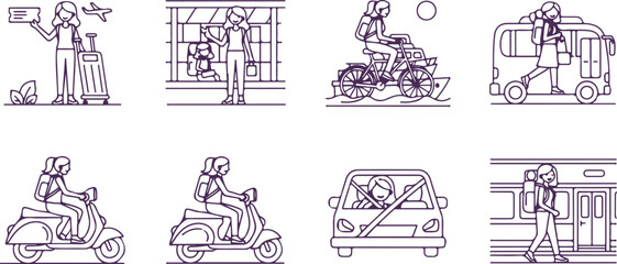 Set of travel illustrations showing people using various transportation methods like scooters bikes cars and trains. © Sadhin