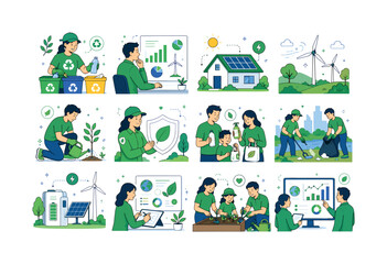 Fototapeta premium Ecology Green Energy. Eco friendly lifestyle, sustainability, renewable energy, recycling, nature conservation, and environment. 12 minimalist editorial vector scenes: volunteer sorts recycling,