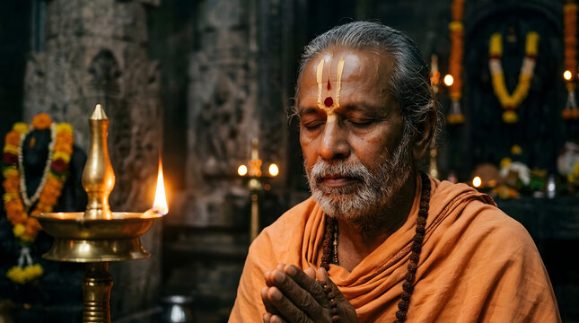 Nirjala ekadashi devotee praying to lord vishnu in ancient temple