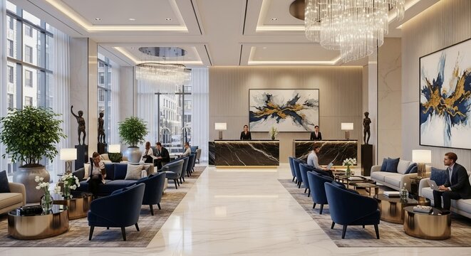 Business professionals in formal attire interact in a modern, luxurious hotel lobby with artwork and plants