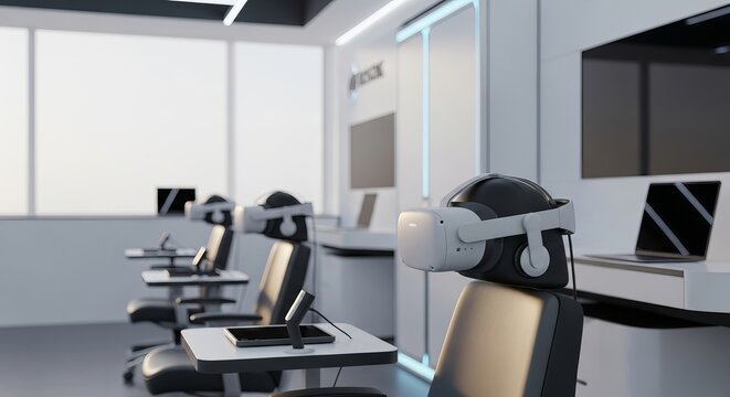 Virtual reality headsets on chairs in a futuristic tech training room. Futuristic technology learning center with VR gear.