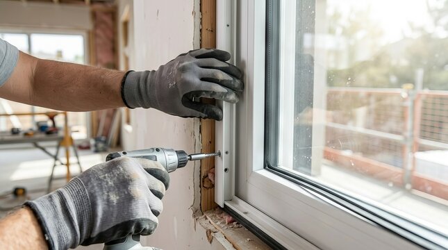 Construction worker installing modern window frame with power drill in residential renovation site