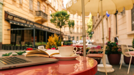 Fototapeta premium Enjoying a coffee break with a book and laptop at an outdoor cafe table
