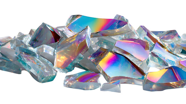 Clear iridescent fire glass with rainbow reflections for modern decor isolated on transparent background