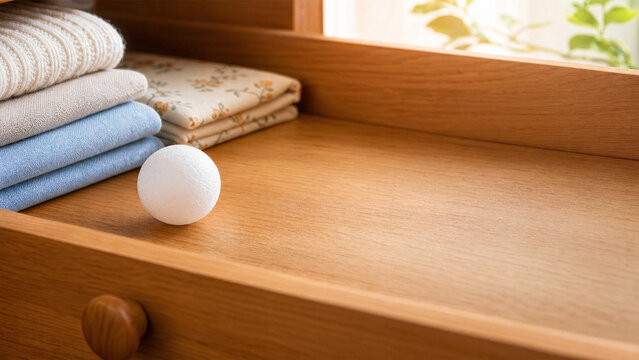 Single camphor ball in wooden drawer, household freshness and protection concept.
