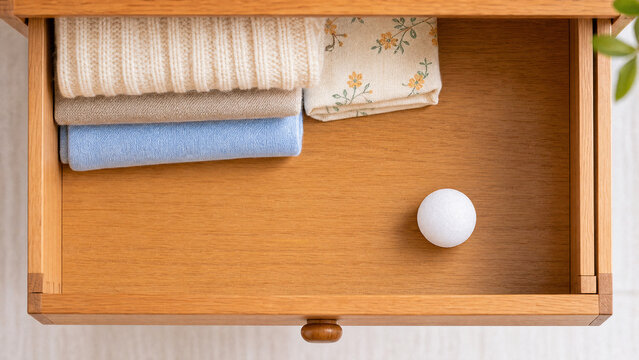 Single camphor ball in wooden drawer, household freshness and protection concept.